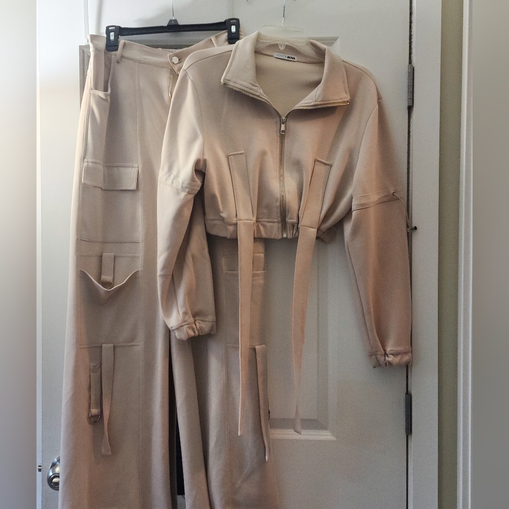 Fashion Nova Beige Two-Piece Set with Zipper Jacket and Cargo Pants